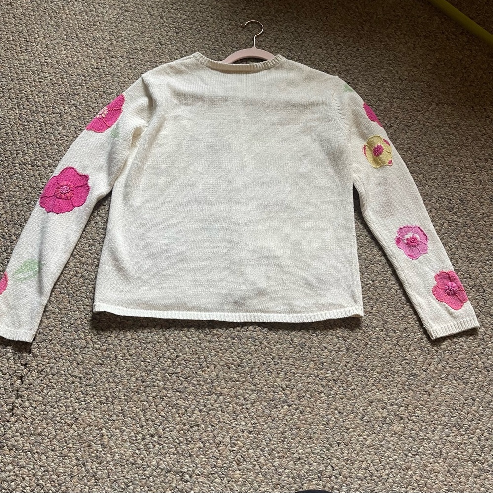 Vintage Floral Knit Cardigan Cream Pink Flowers Cottagecore Women’s L - Picture 7 of 10